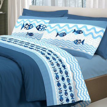 Completo lenzuola in cotone Pesci Azzurro