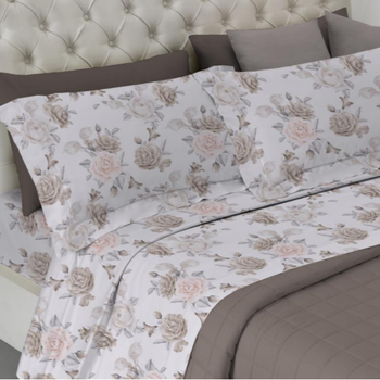 Completo lenzuola in pregiato Raso di cotone Made in Italy Fiore Beige