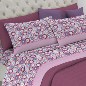 Completo lenzuola matrimoniale in cotone ESAGONO lilla