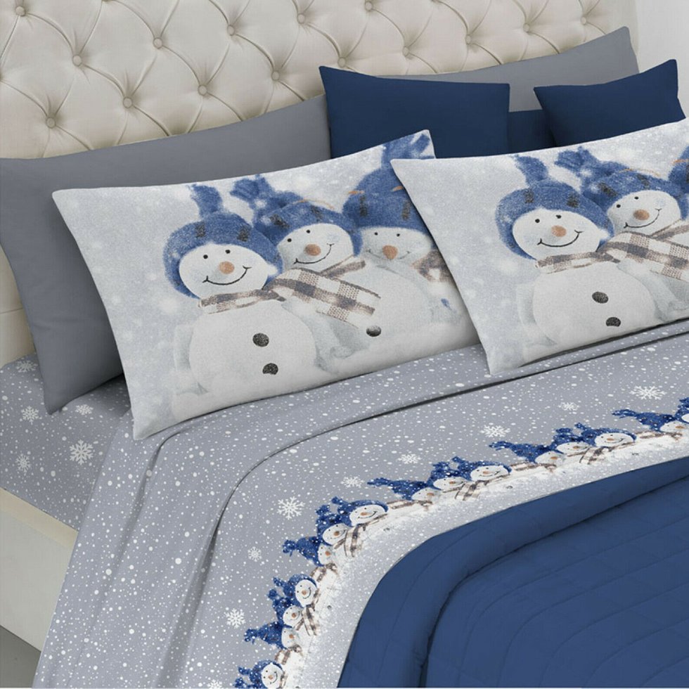 Completo lenzuola in cotone snowman blu