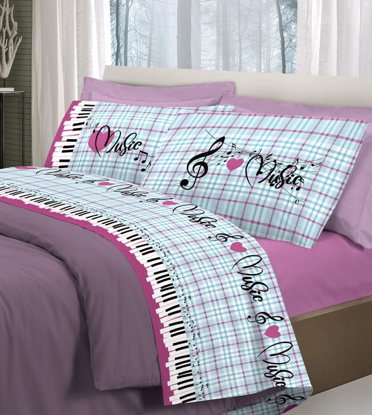 Completo lenzuola in cotone musica rosa