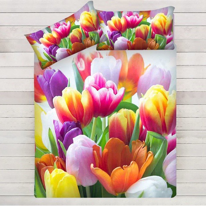 Completo lenzuola matrimoniale in cotone tulipani con stampa digitale