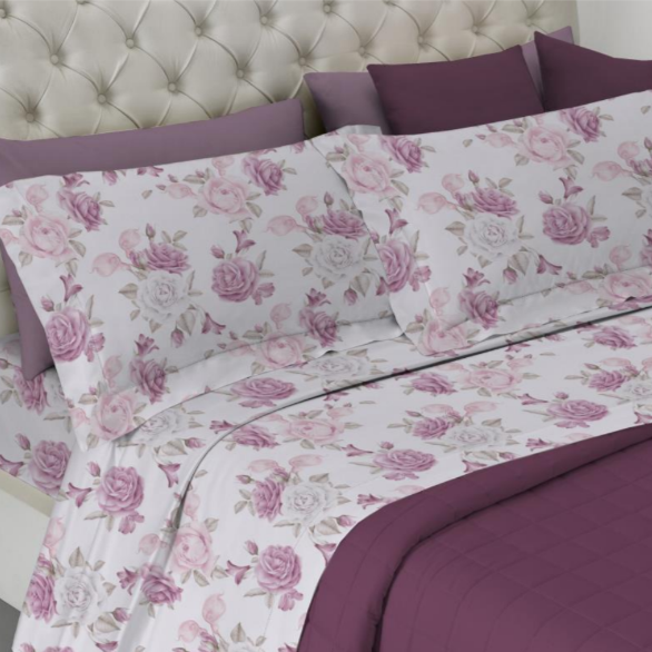 completo lenzuola in pregiato raso di cotone made in italy fiore rosa -  lovehome