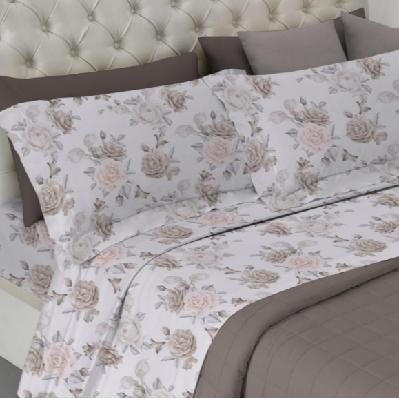 Completo lenzuola in pregiato raso di cotone made in italy fiore beige