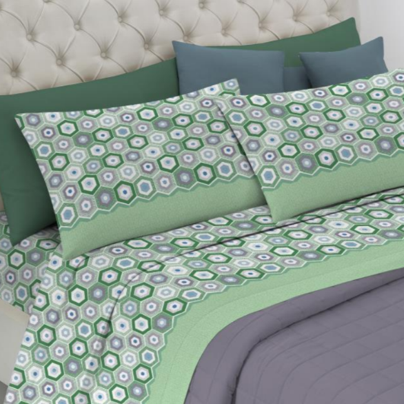 Completo lenzuola matrimoniale in cotone esagono verde