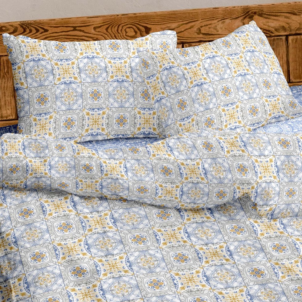 Completo lenzuola matrimoniale in cotone tiles blu