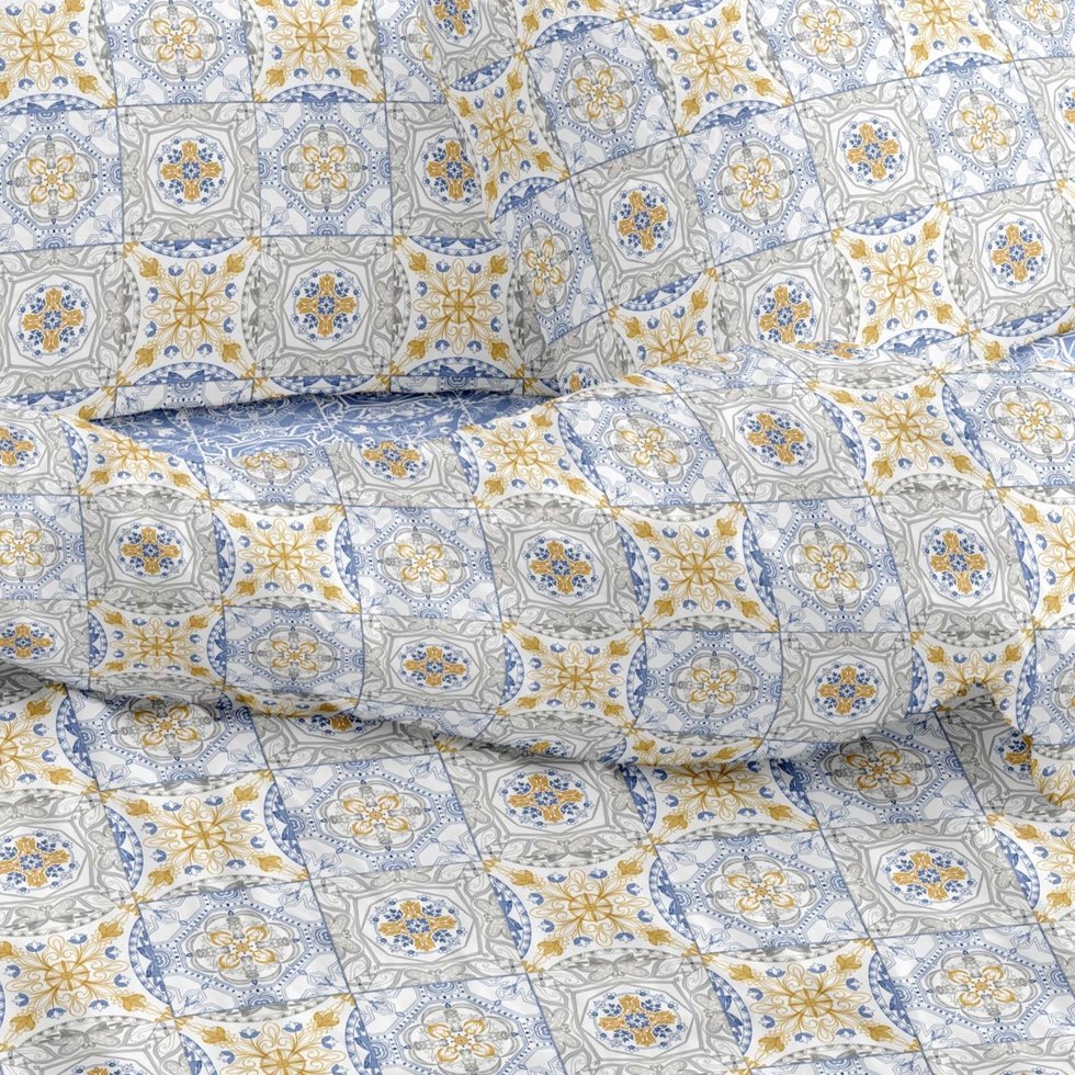 Completo lenzuola matrimoniale in cotone tiles blu