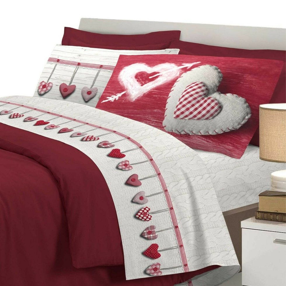 completo lenzuola in flanella cuori appesi colore rosso - lovehome